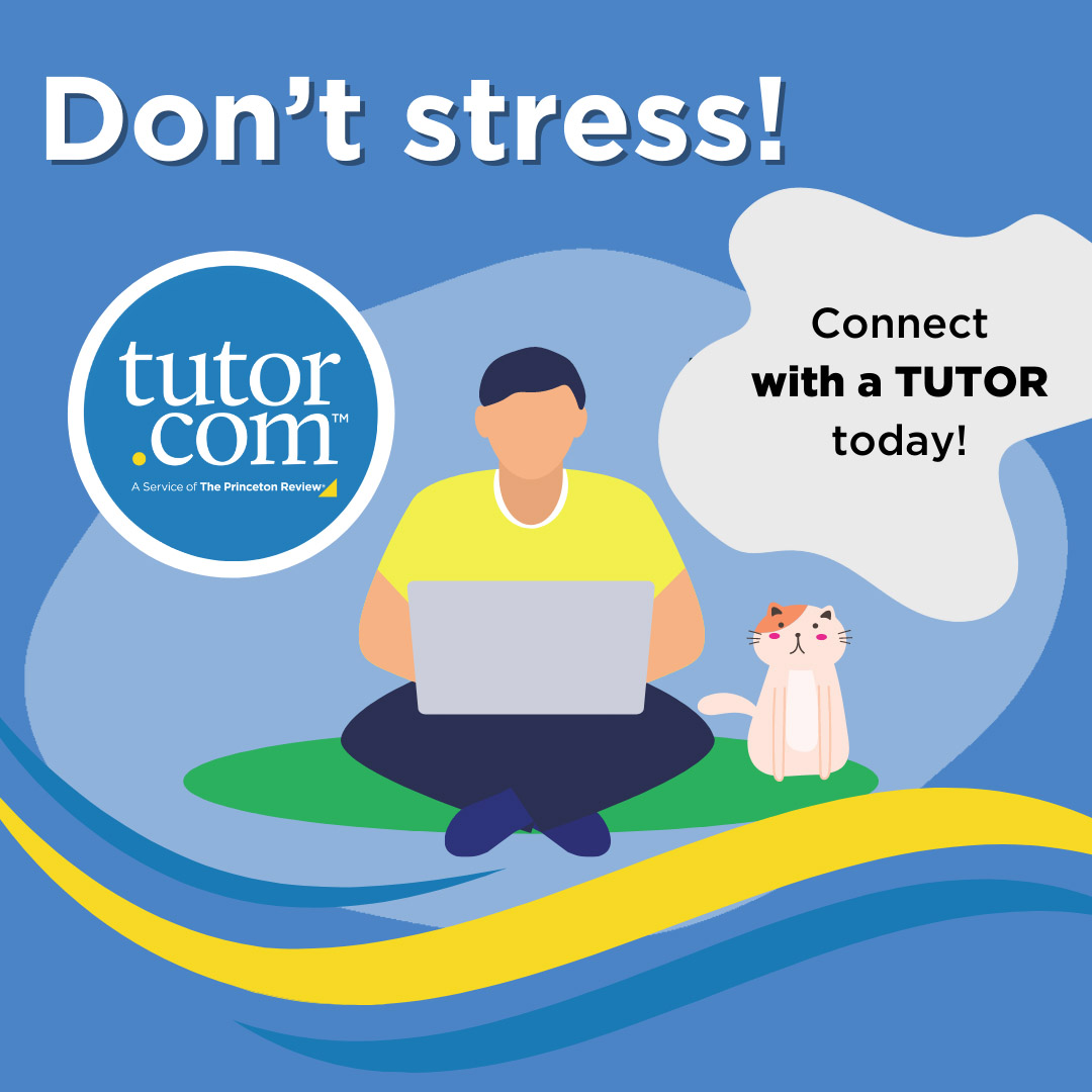 Image of a student on a computer and a cat next to them that says, "Don't stress! Connect with a TUTOR today! Tutor.com: A Service of The Princeton Review®"